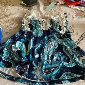 Blue tank top with lace trimming